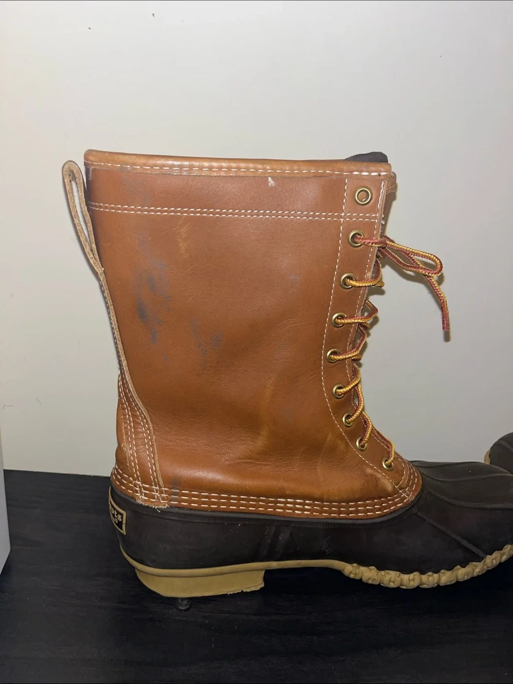 L.L. Bean Men's Brown Leather and Dark Brown Waterproof Duck Boots tall